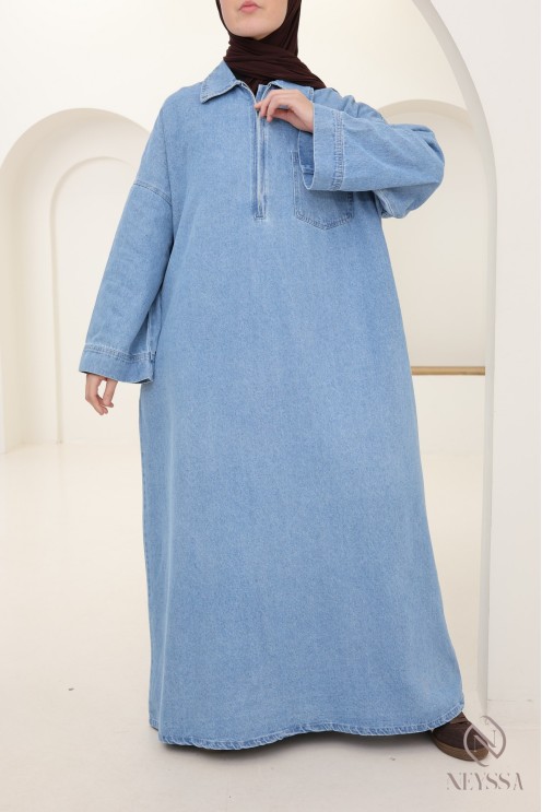 Long denim dress with shirt collar, 100% cotton, modest autumn look.