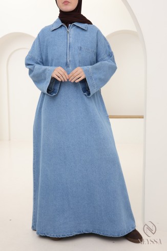 Robe longue en jean col polo, 100% coton, look automne modeste 2