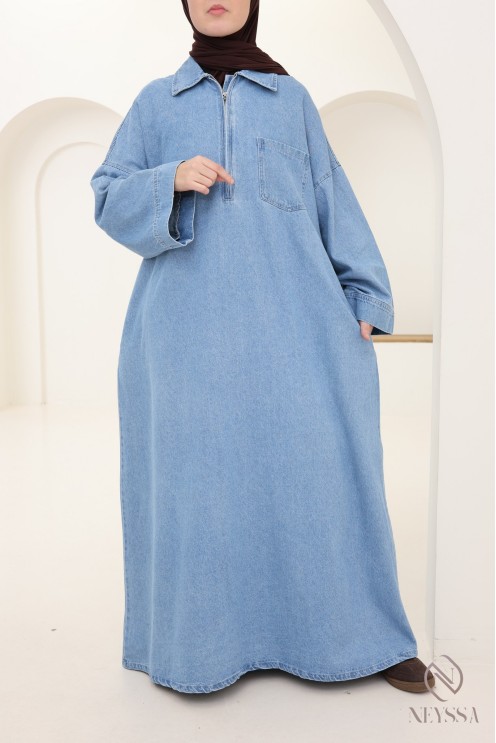 Long denim dress with shirt collar, 100% cotton, modest autumn look.