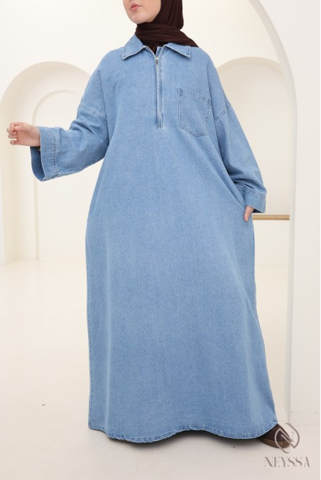 Long denim dress with shirt collar, 100% cotton, modest autumn look.