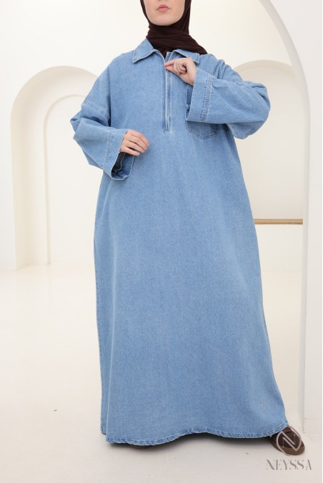 Long denim dress with shirt collar, 100% cotton, modest autumn look.