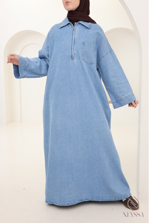 Robe longue en jean col polo, 100% coton, look automne modeste