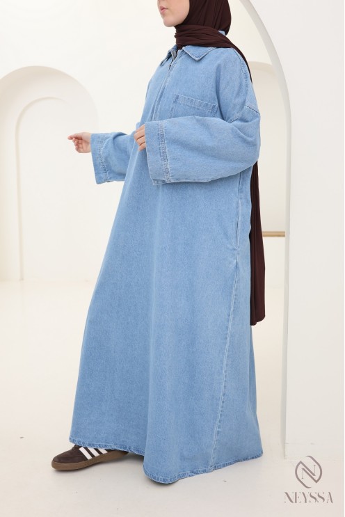 Robe longue en jean col polo, 100% coton, look automne modeste