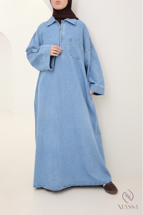 Langes Jeanskleid mit Polokragen, 100 % Baumwolle