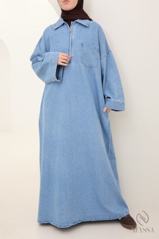 Long denim dress with shirt collar, 100% cotton, modest autumn look.