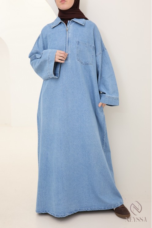 Long denim dress with shirt collar, 100% cotton, modest autumn look.
