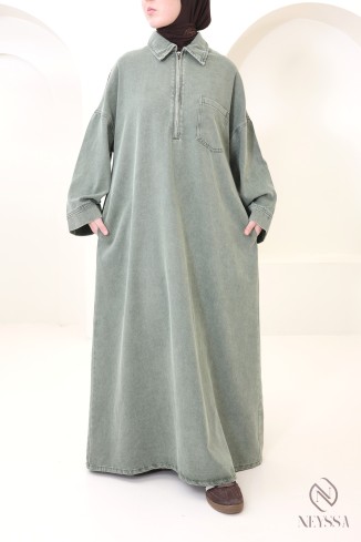 Denim dress for hijabi women, 100% cotton, khaki colour