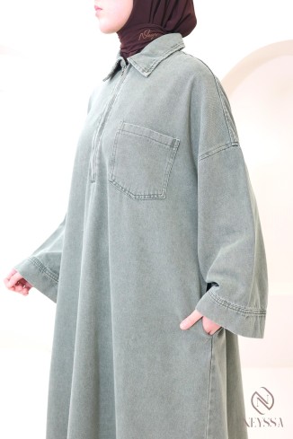 Denim dress for hijabi women, 100% cotton, khaki colour 2