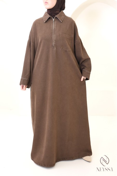 Robe longue marron jean avec zippe col chemise 100% coton femme