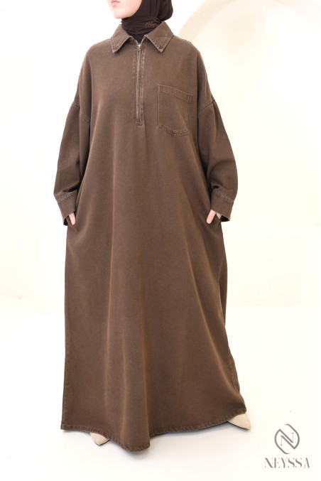 Long brown denim dress with zip-up shirt collar, 100% cotton, women's