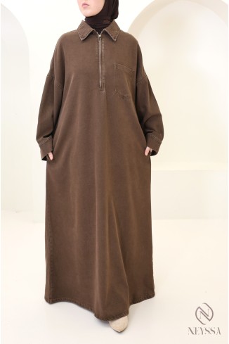 Long brown denim dress with zip-up shirt collar, 100% cotton, women's