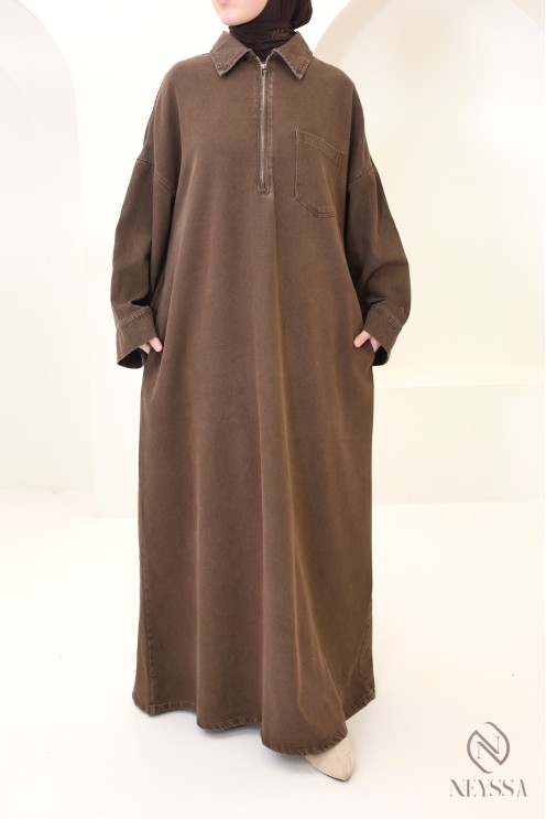 Robe longue marron jean avec zippe col chemise 100% coton femme
