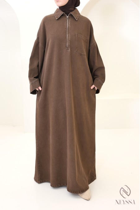 Robe longue marron jean avec zippe col chemise 100% coton femme