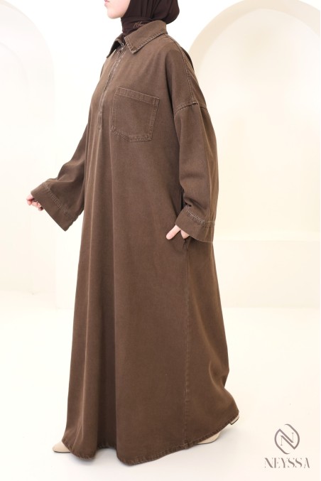 Long brown denim dress with zip-up shirt collar, 100% cotton, women's