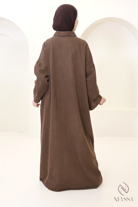 Langes Kleid in Jeansbraun mit Hemdkragen aus 100 % Baumwolle