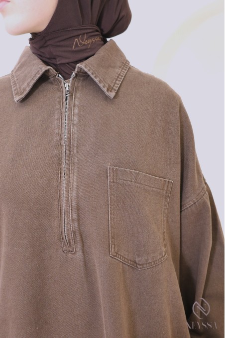 Long brown denim dress with zip-up shirt collar, 100% cotton, women's