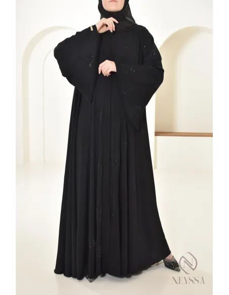 Abaya Dubai à strass évasée coupe ample, ornée de strass, hijabi look