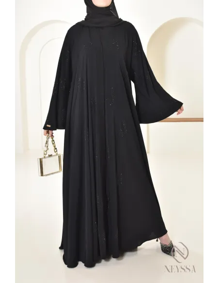 Dubai rhinestone flared abaya loose fit, rhinestone embellished look