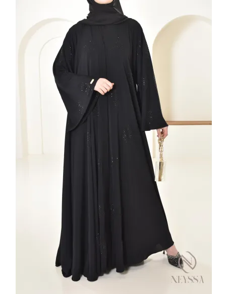 Dubai rhinestone flared abaya loose fit, rhinestone embellished look