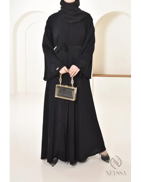 Dubai rhinestone flared abaya loose fit, rhinestone embellished look