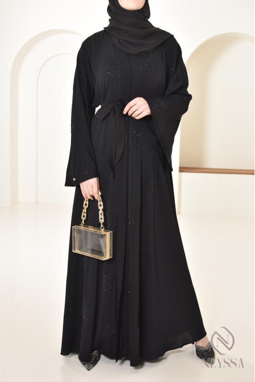 Dubai rhinestone flared abaya loose fit, rhinestone embellished look