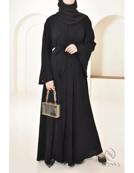 Dubai rhinestone flared abaya loose fit, rhinestone embellished look