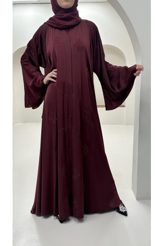 Abaya Dubai rhinestone flared sleeves women's hijab burgundy trend 2
