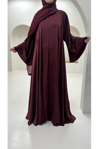 Abaya Dubai mit Strasssteinen Ärmel ausgestellt Frau Bordeaux Trend