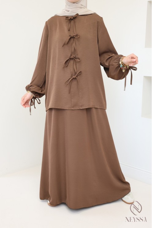 Ensemble femme 2 pièces jupe longue et tunique moderne tissu satinée