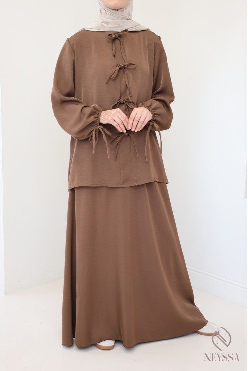 Ensemble femme 2 pièces jupe longue et tunique moderne tissu satinée