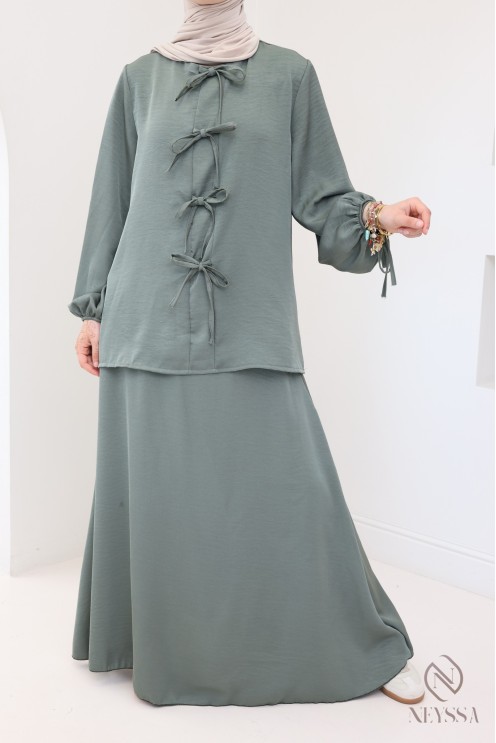 2-teiliges Set in Khaki für Damen, bestehend aus langem Rock und Tunika