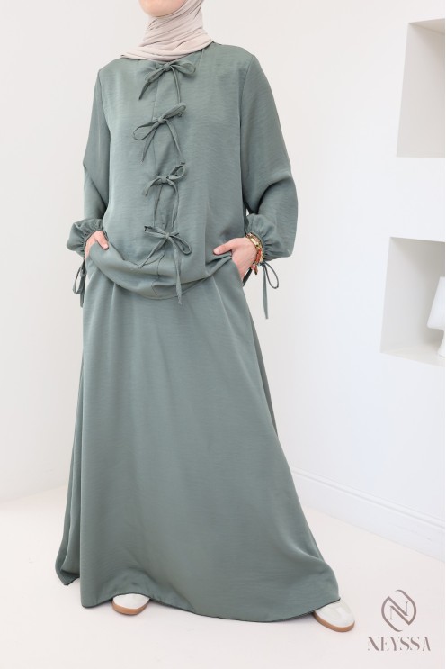 2-teiliges Set in Khaki für Damen, bestehend aus langem Rock und Tunika
