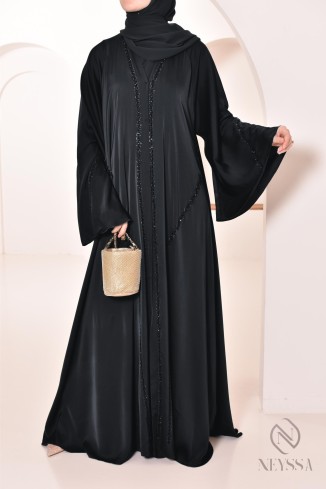 Abaya Dubaï flared black with embroidered beads, elegant hijabi dress 2