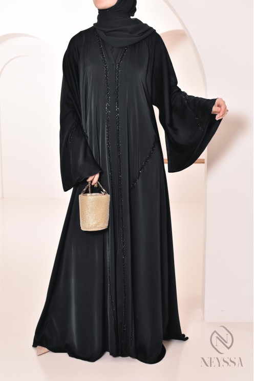 Schwarze, ausgestellte Abaya Dubai mit Perlenstickerei, Hijabi-Kleid.