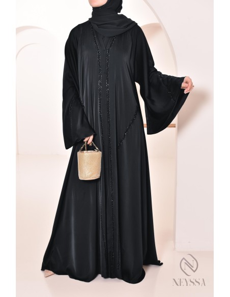 Schwarze, ausgestellte Abaya Dubai mit Perlenstickerei, Hijabi-Kleid.