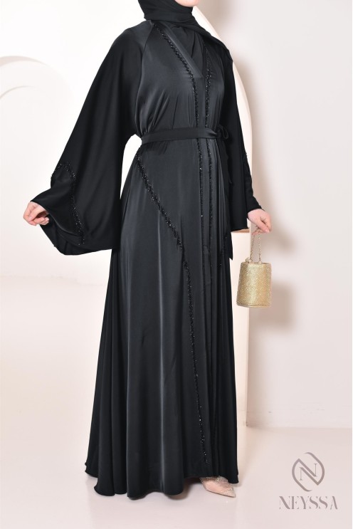 Abaya Dubaï évasée noir avec perles brodées, robe élégante hijabi