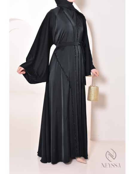 Abaya Dubaï évasée noir avec perles brodées, robe élégante hijabi
