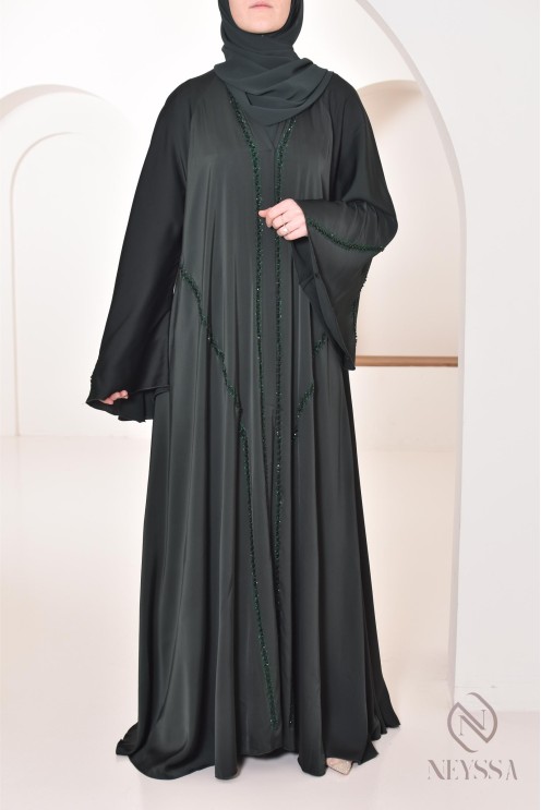 Abaya Dubaï long green with rhinestones and pearls for women hijabi