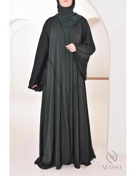 Abaya Dubaï longue vert à strass et perles pour femme hijabi tendance