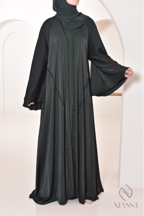 Abaya Dubaï long green with rhinestones and pearls for women hijabi