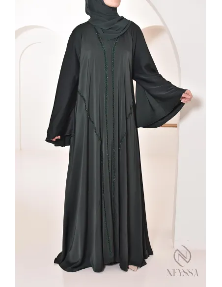 Abaya Dubai lang grün mit Strass und Perlen für Frauen Hijabi