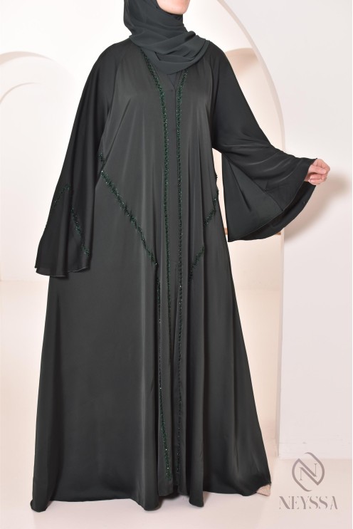 Abaya Dubaï long green with rhinestones and pearls for women hijabi