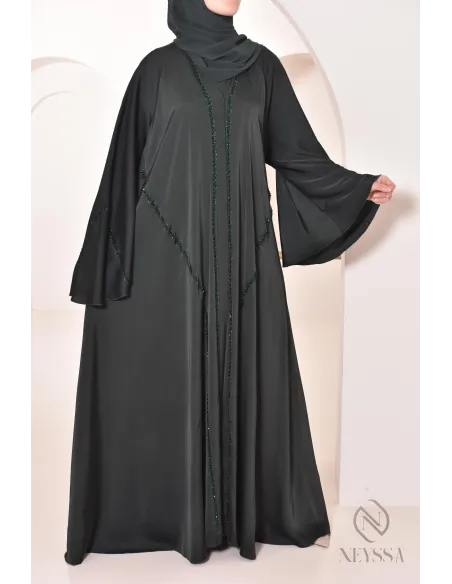 Abaya Dubai lang grün mit Strass und Perlen für Frauen Hijabi