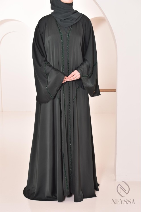 Abaya Dubai lang grün mit Strass und Perlen für Frauen Hijabi