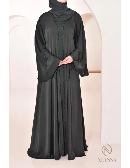 Abaya Dubaï longue vert à strass et perles pour femme hijabi tendance