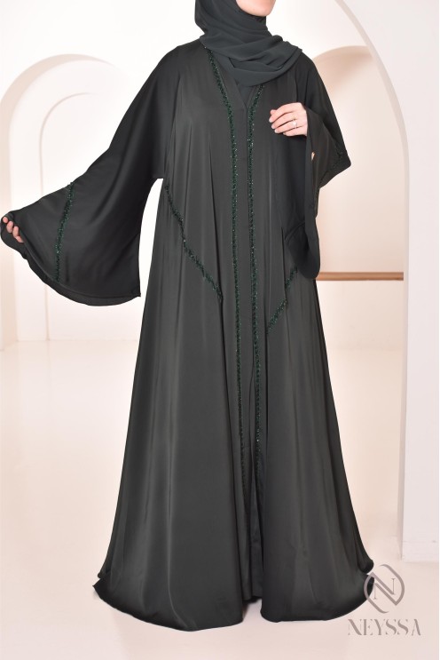 Abaya Dubai lang grün mit Strass und Perlen für Frauen Hijabi