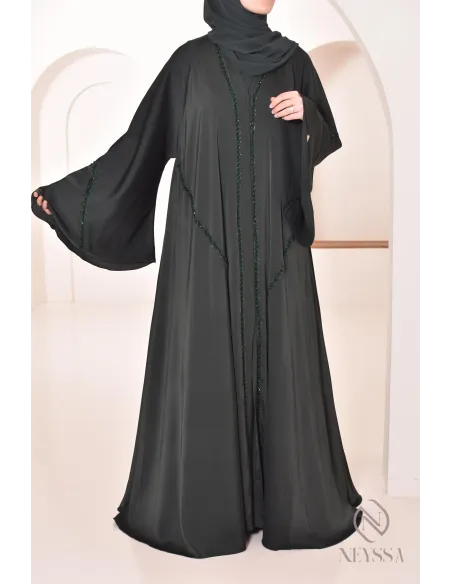 Abaya Dubai lang grün mit Strass und Perlen für Frauen Hijabi