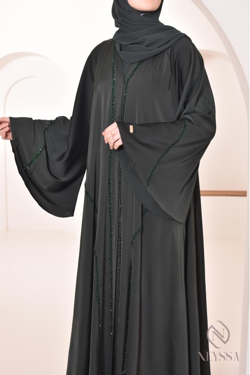 Abaya Dubaï longue vert à strass et perles pour femme hijabi tendance