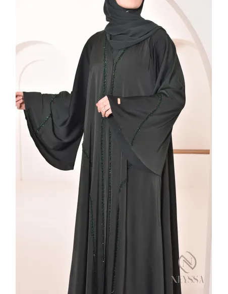 Abaya Dubai lang grün mit Strass und Perlen für Frauen Hijabi
