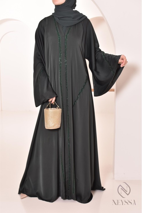 Abaya Dubaï longue vert à strass et perles pour femme hijabi tendance